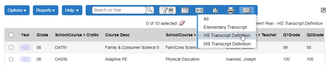 Dictionary menu with MS transcript definition selected.