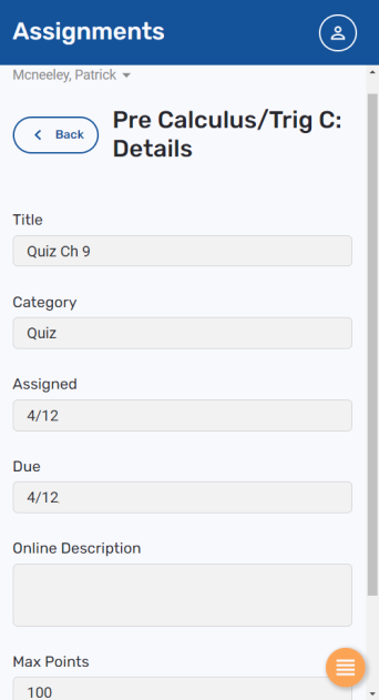 Assignment details screen