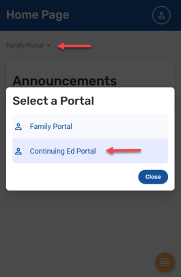 Continuing Ed Portal selection highlighted