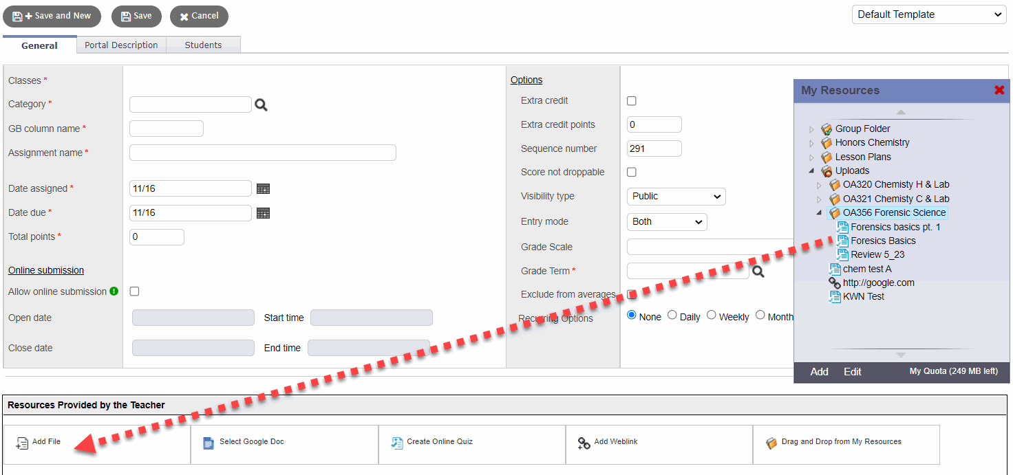 Create Assignment page, add a resource