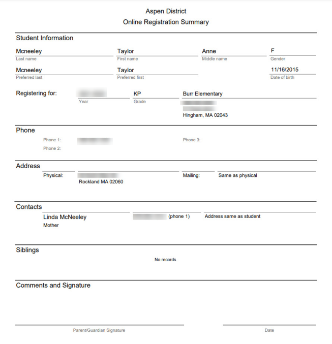 The Online Registration Summary report.