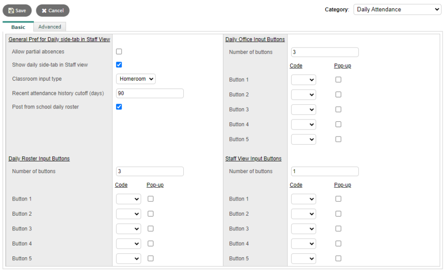 District view, Daily Attendance preference, Basic sub-tab